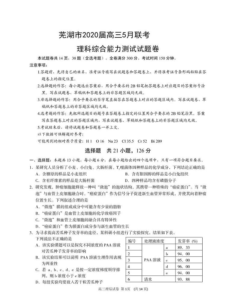 安徽省芜湖市2020届高三（二模）理科综合试题含答案01