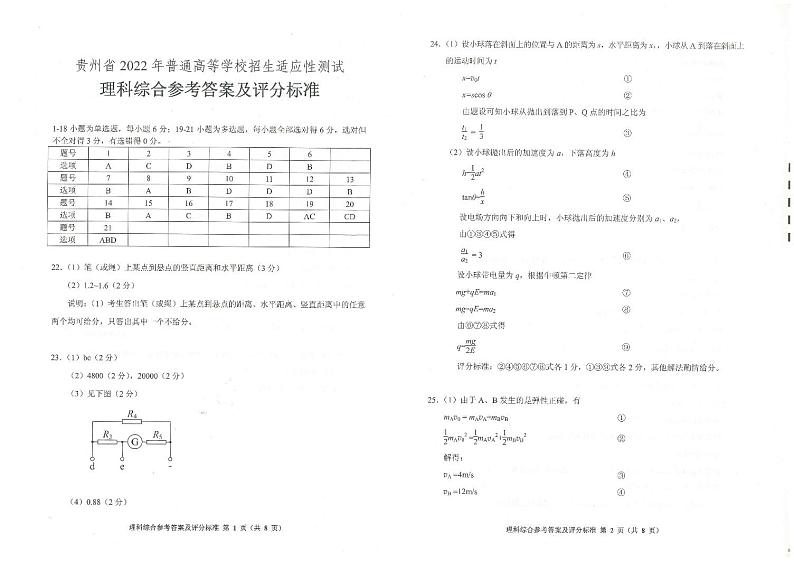贵州省2022年普通高等学校招生适应性测试理综试题及答案01