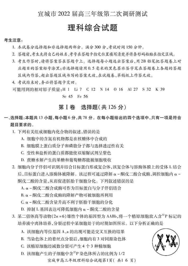 2022年安徽宣城高三二模理综试卷及解析01