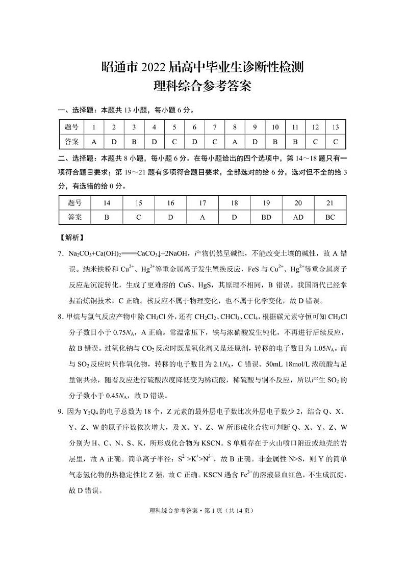 昭通市2022届高中毕业生诊断性检测理综-答案第1页
