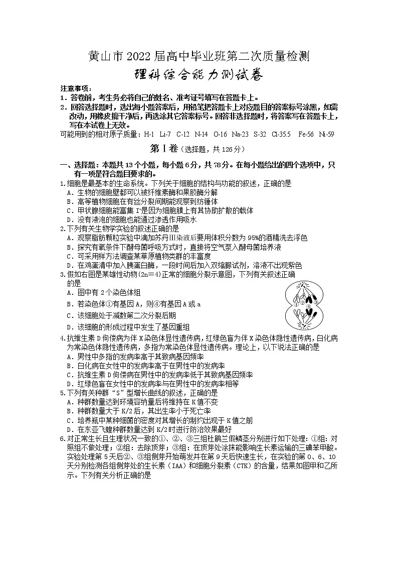 2022届安徽省黄山市高中毕业班第二次质量检测试卷+答案（WORD版）——理综01