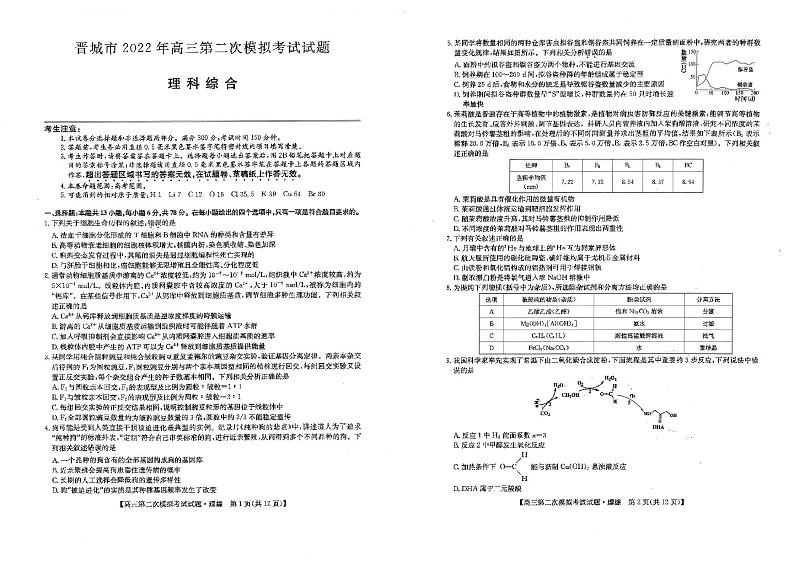 2022年4月山西省晋城市2022届高三第二次模拟考试（二模）理科综合试题无答案01
