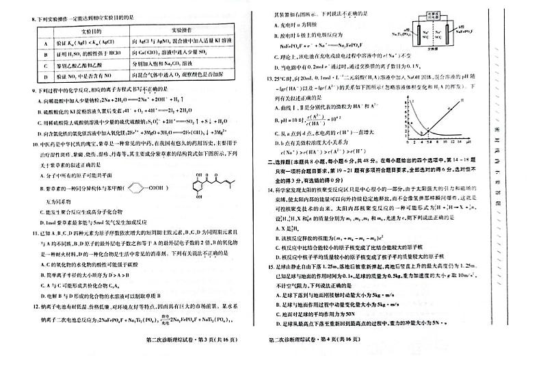 2022年4月甘肃省2022届高三第二次高考诊断考试（二诊）理科综合试题含答案02