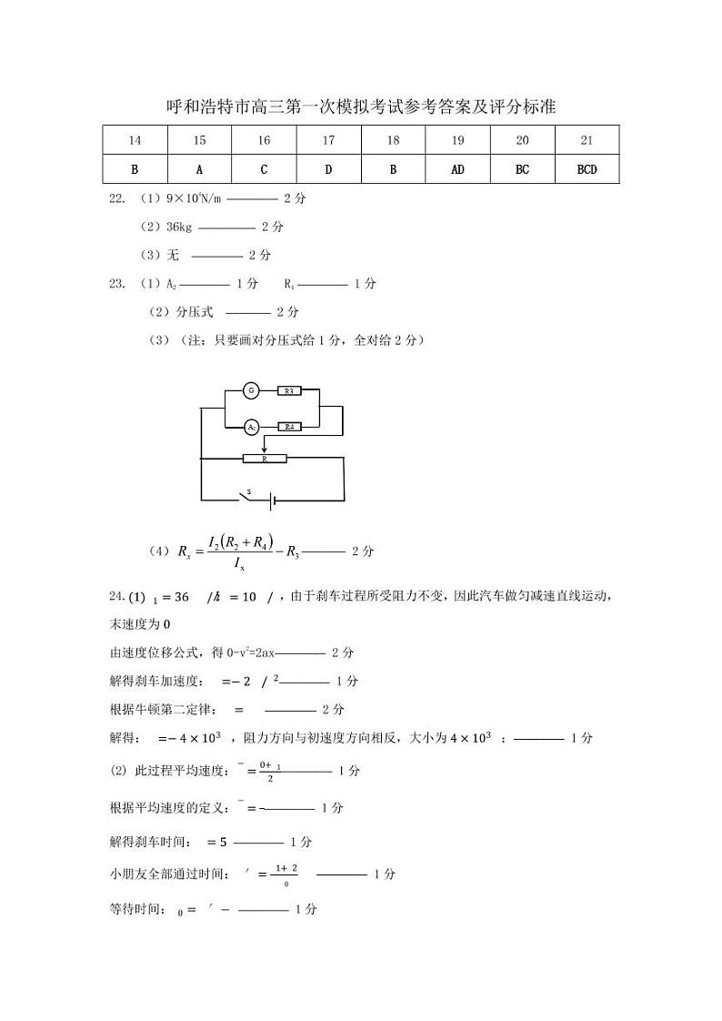 2022届内蒙古呼和浩特市高三一模理科综合物理答案第1页