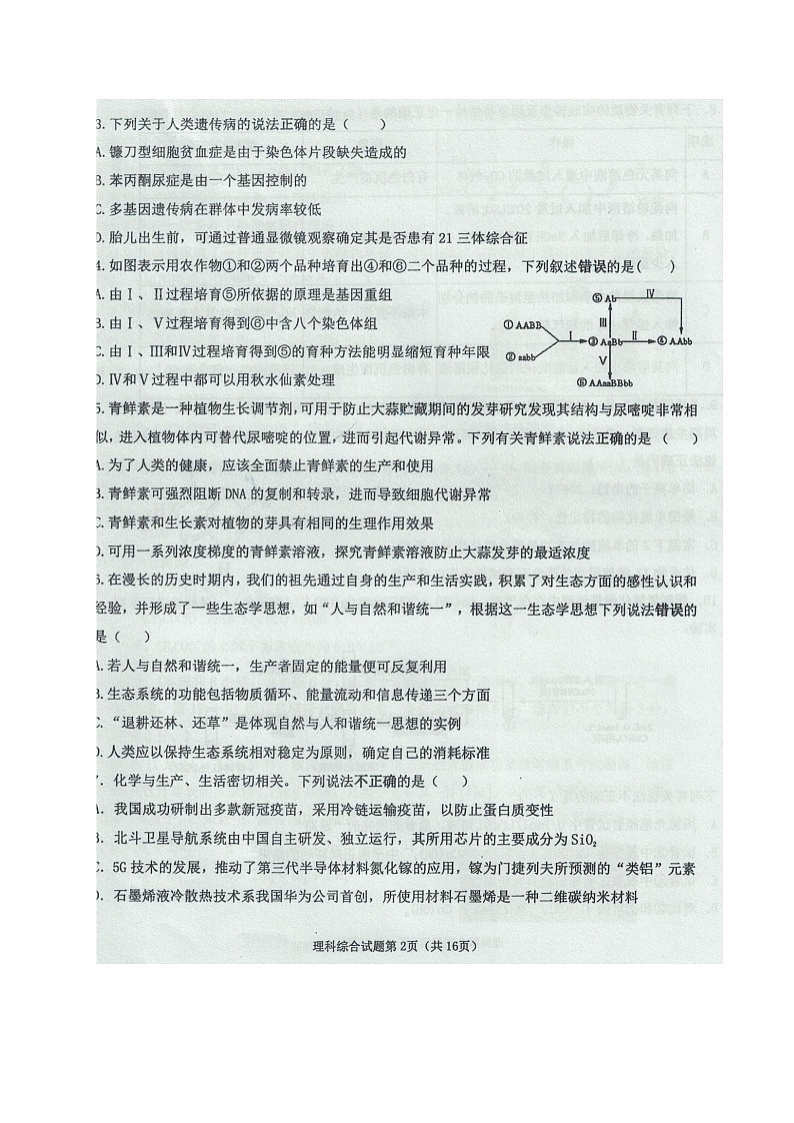宁夏中卫市2021届高三下学期第二次模拟考试理科综合试题 扫描版含答案第2页