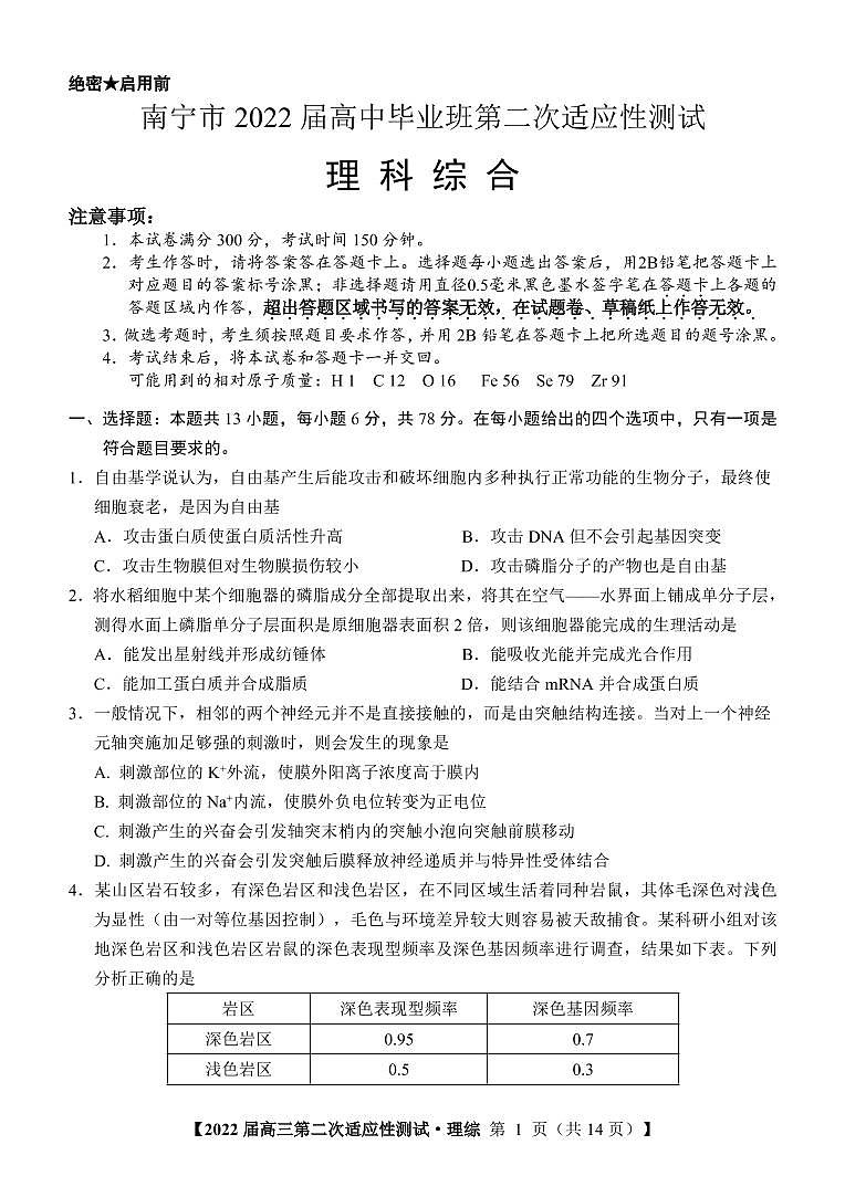 2022年广西南宁高三二模理综试卷无解析第1页