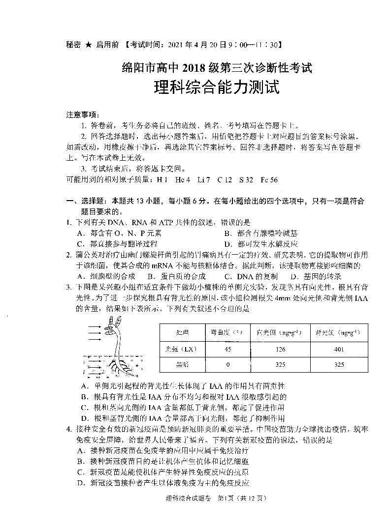 四川省绵阳市2021届高三下学期第三次诊断性考试（三诊）理科综合试题含答案01