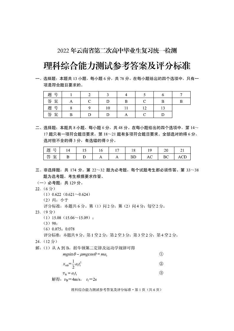 2022年第二次统测理科综合参考答案第1页