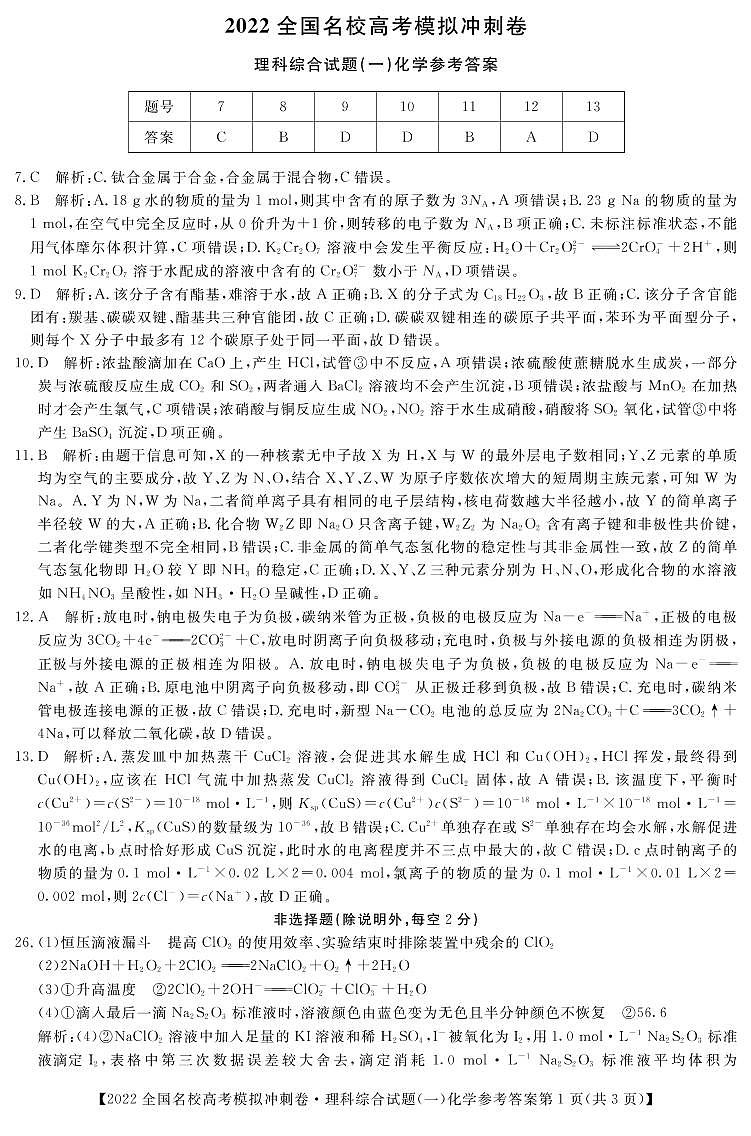 2022全国名校高三下学期高考模拟冲刺押题卷（一模）理综试题PDF版含解析01