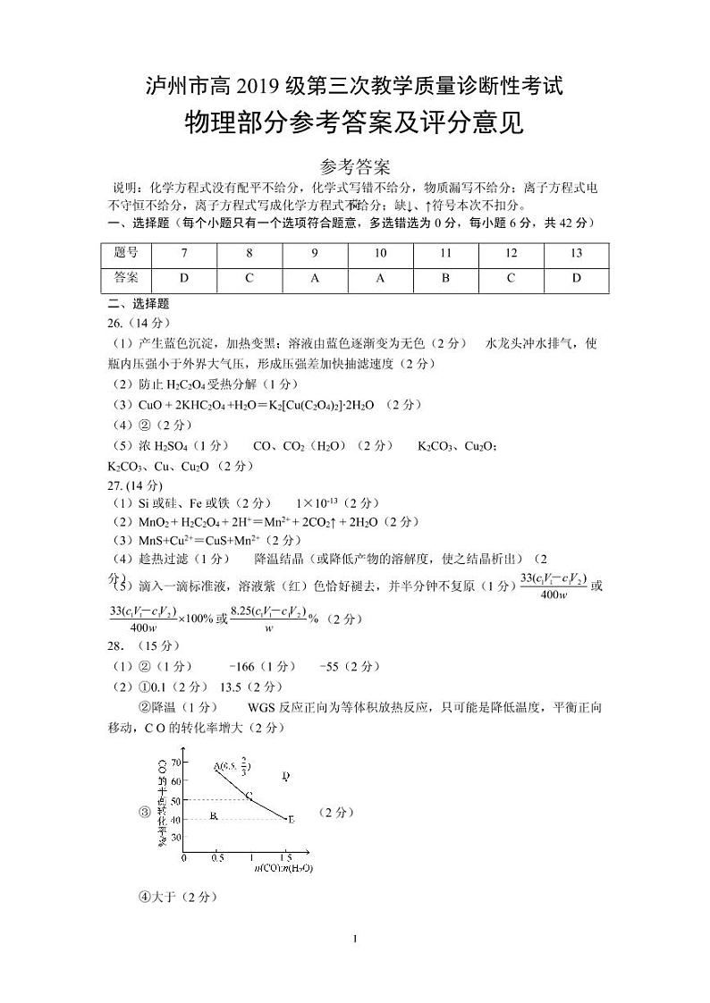 泸州三诊高2019级化学参考答案第1页