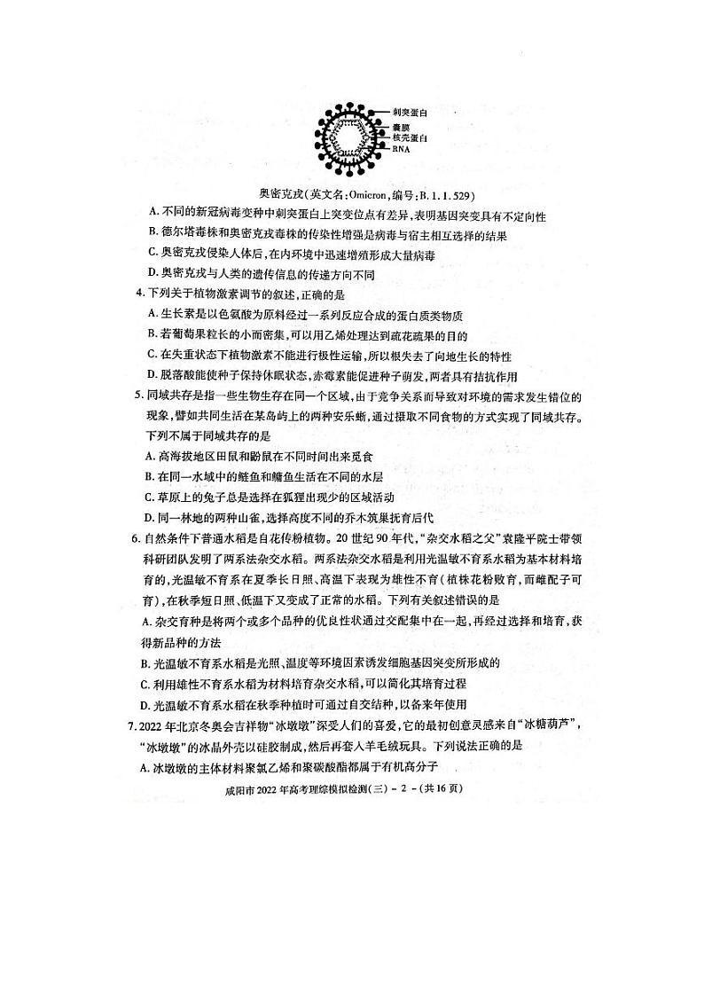 2022年咸阳高三三模理综试卷及答案02