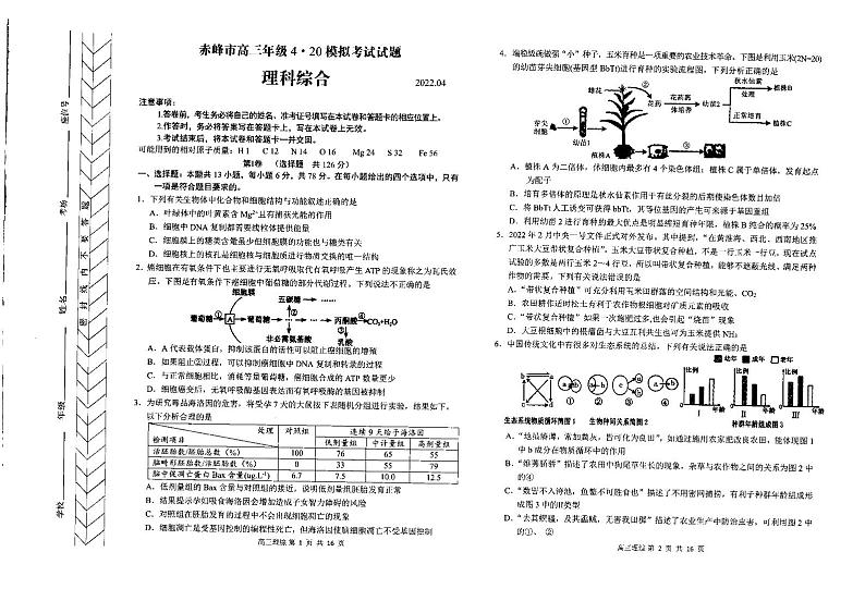 内蒙古自治区赤峰市2022届高三模拟考试（4月） 理综 试卷及答案01