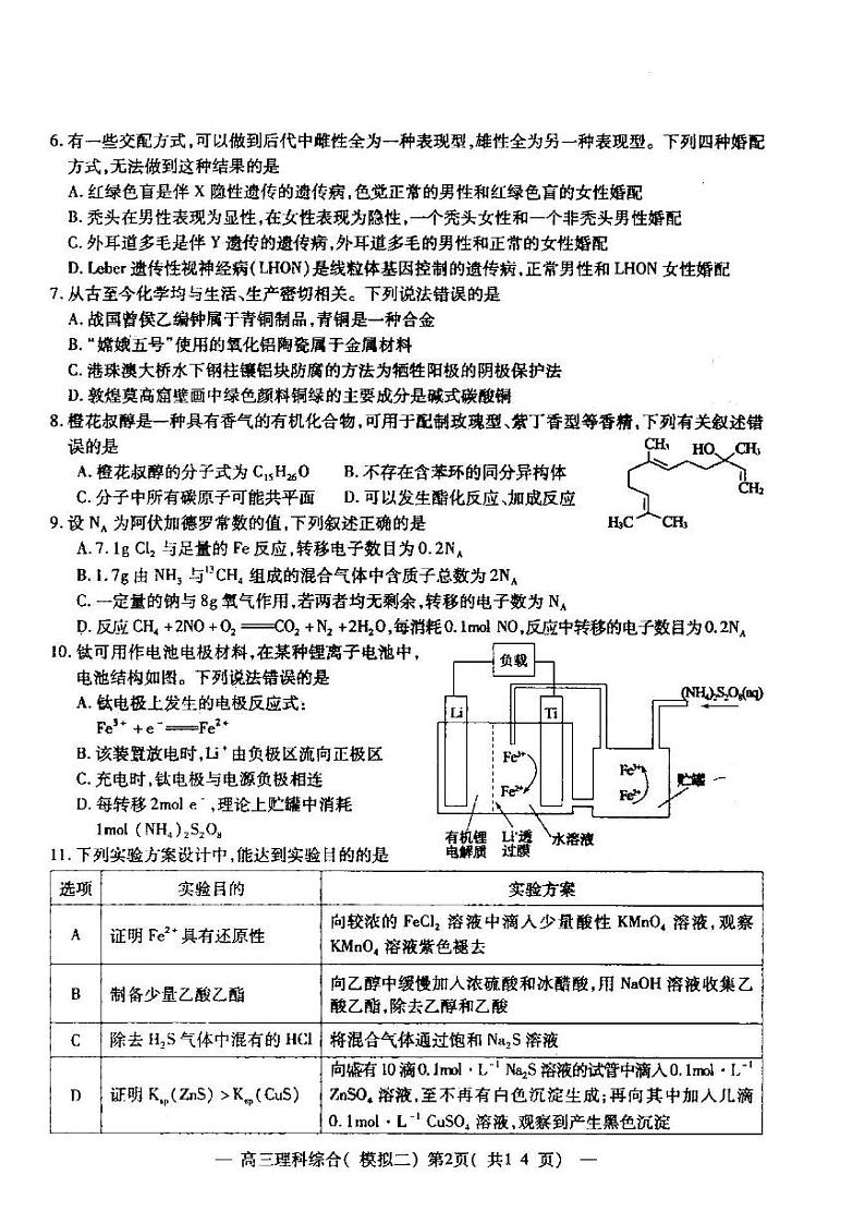 2022年南昌市第二次模拟测试理科综合试卷含答案（南昌二模）02