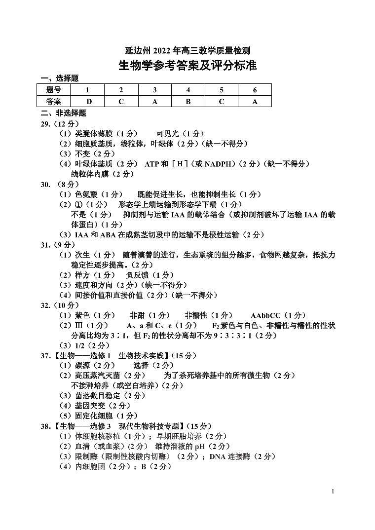 2022届吉林省延边州高三下学期4月教学质量检测（一模）理科综合试题扫描版含答案01