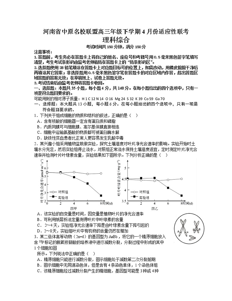 河南省中原名校联盟2021-2022学年高三下学期4月份适应性联考理科综合试题及答案第1页