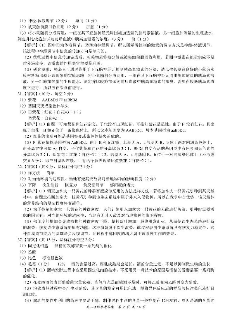 2022届山西省二模 朔州怀仁市高考第三次模拟理综答案第2页