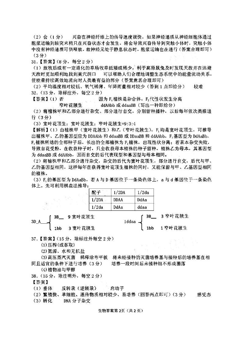 2021年安徽省淮南市高三第二次模拟考试理综卷（答案）第2页