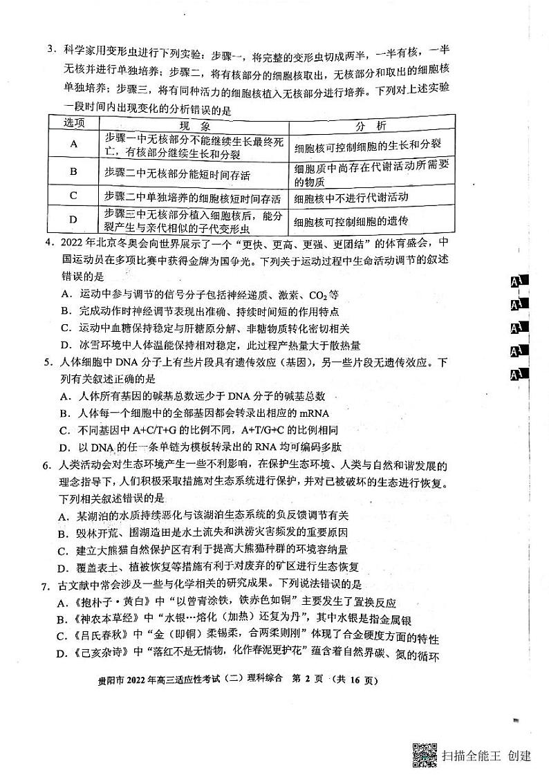 贵阳市2022年高三年级适应性考试（二）理综试题及答案02