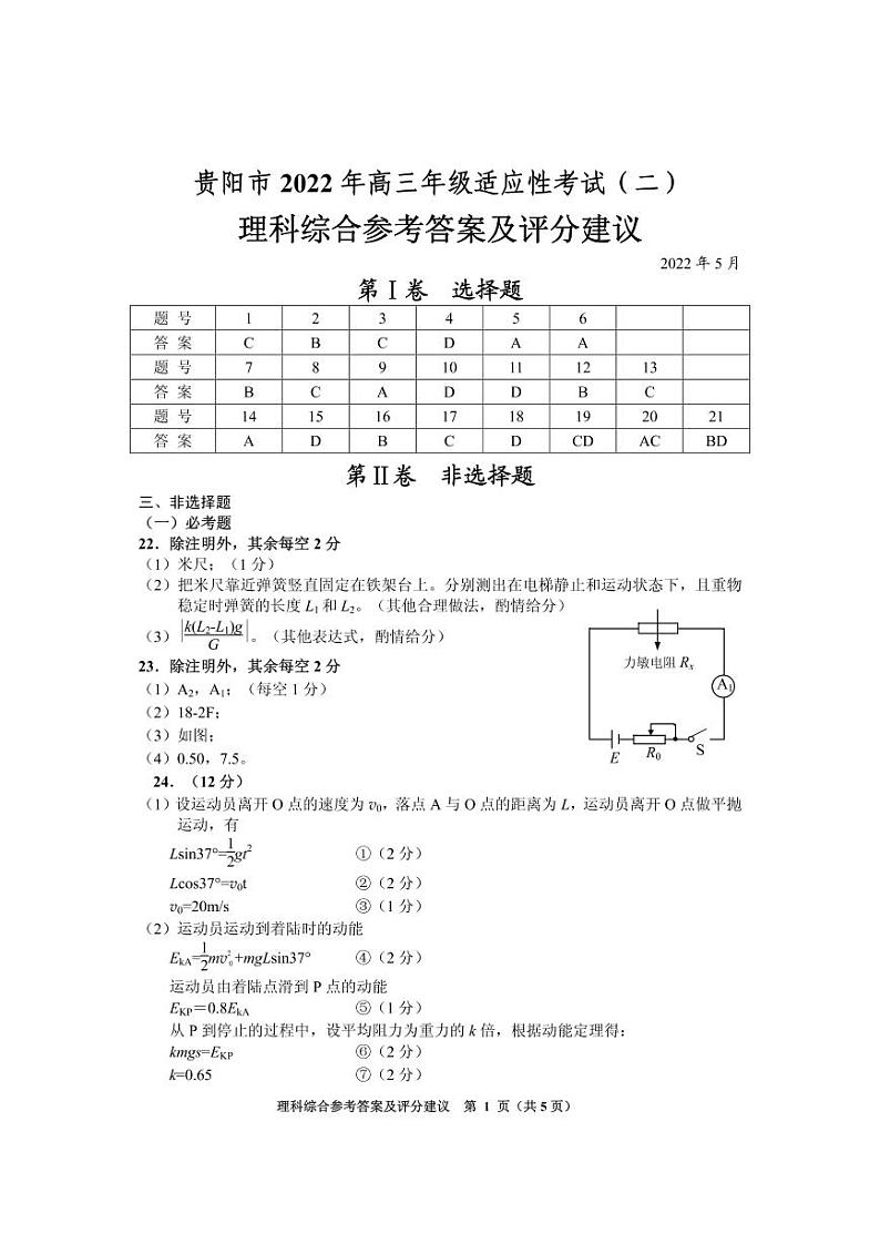 贵阳市2022年高三年级适应性考试（二）理综试题及答案01
