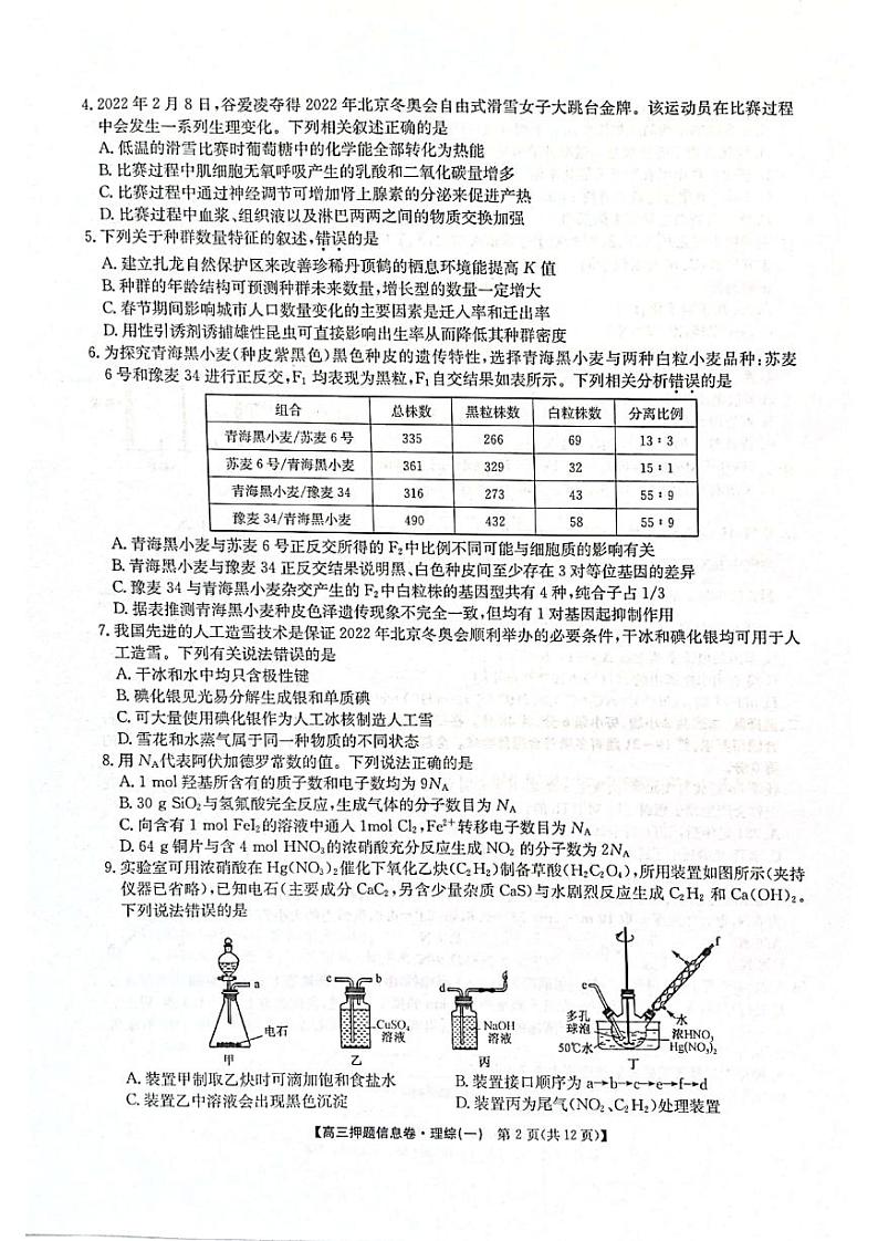 2022届河南省九师联盟高三下学期押题信息卷（一）理科综合试题及答案02