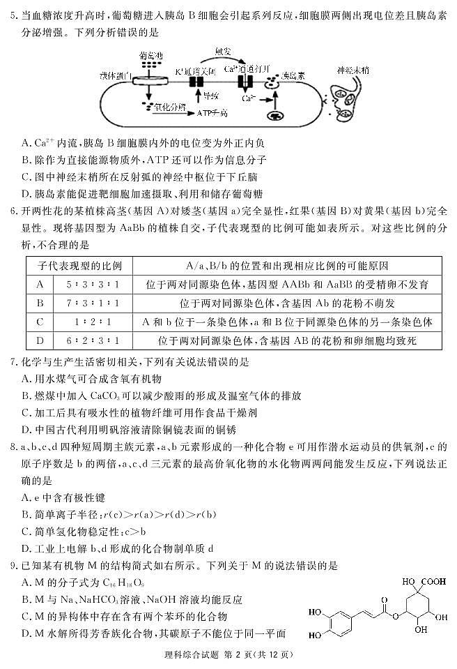 2022届四川省眉山市高三第三次诊断性考试理综试题及答案02