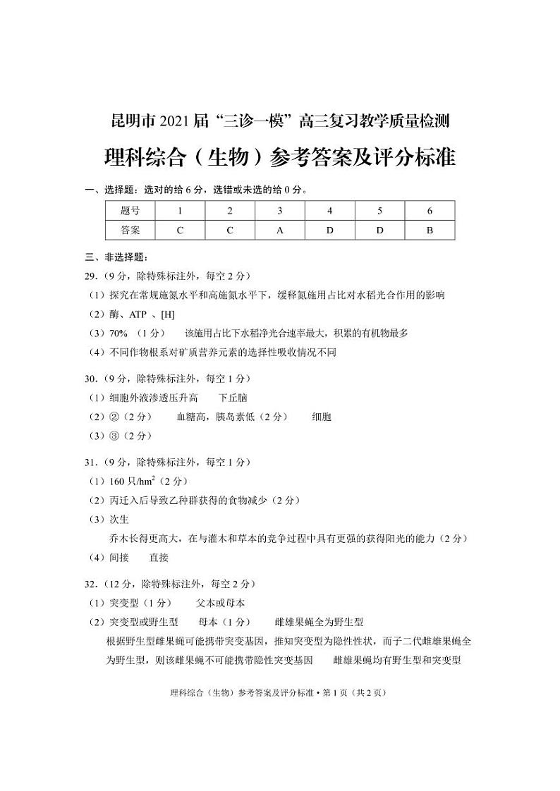 昆明二模2021理综答案答案第1页