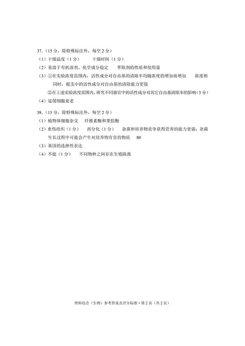 昆明二模2021理综答案答案第2页