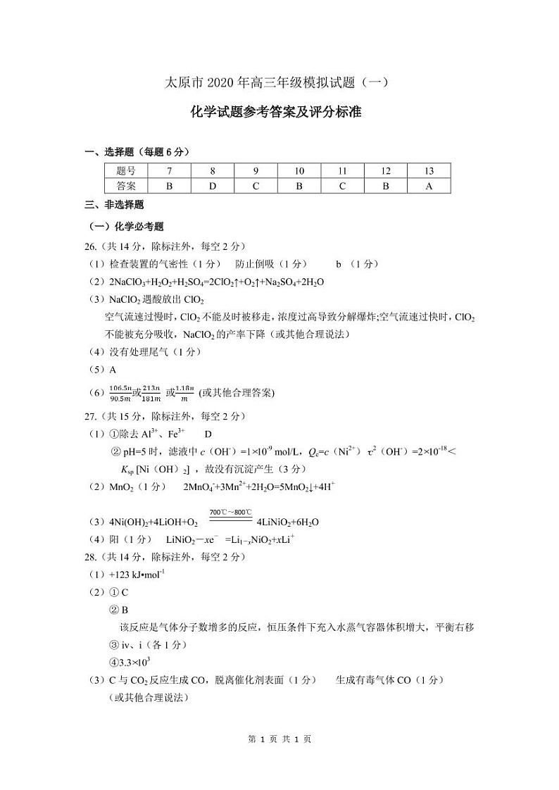山西省太原市2020年高三年级模拟试题（一）理科综合试题  word01