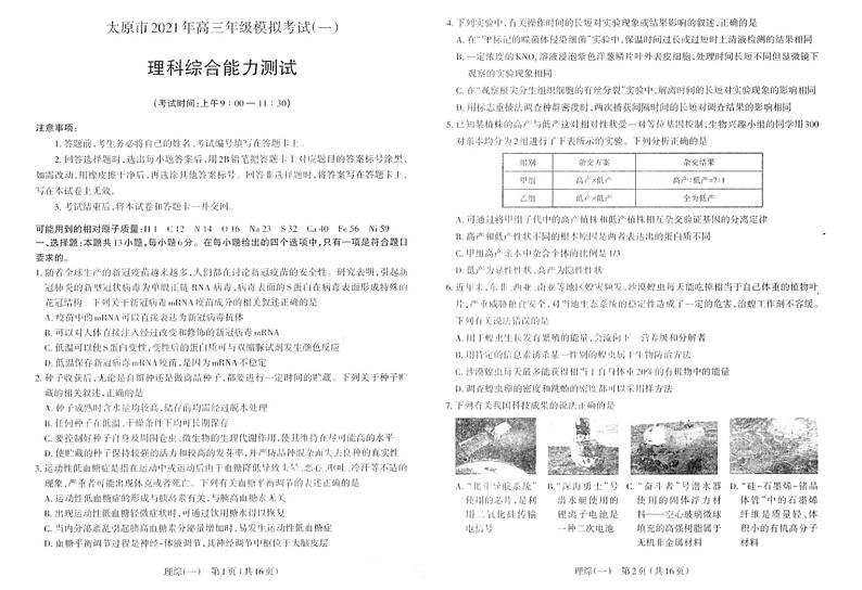 太原市2021届高三一模考试理综试卷（PDF版）01