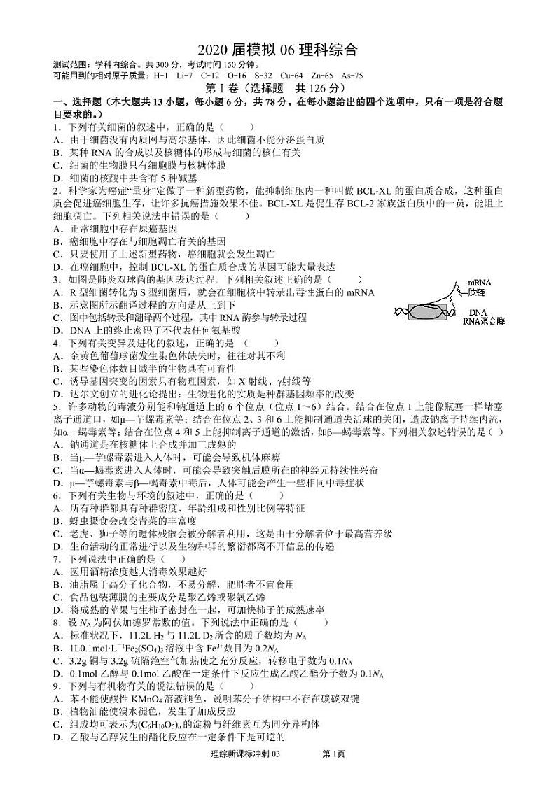 2020届模拟卷理科综合06  - 副本第1页