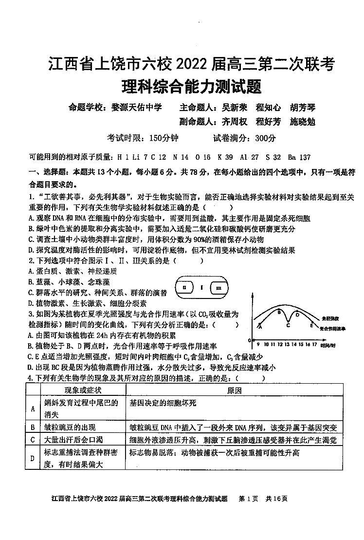 2022届江西省上饶一中六校高三第二次联考理综试卷（word版）01