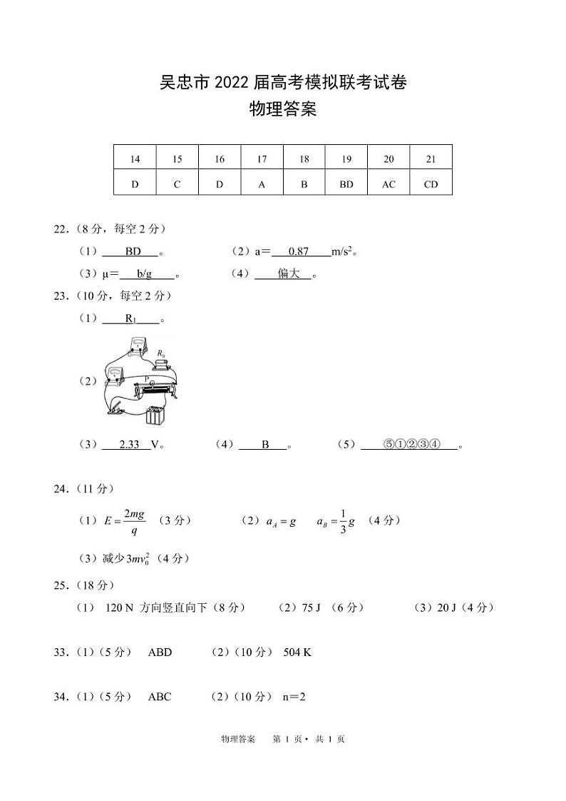 2022届宁夏回族自治区吴忠市高三下学期4月高考模拟理科综合试题（PDF版）01