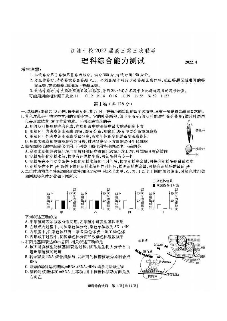 2022年4月江淮十校高三第三次联考 理科综合试题和答案解析第1页