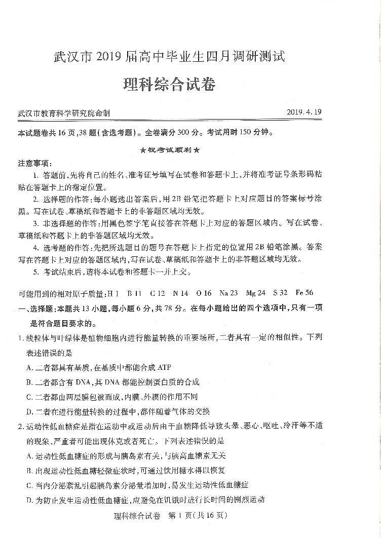 湖北省武汉市2019届高三4月调研测试理科综合试卷第1页
