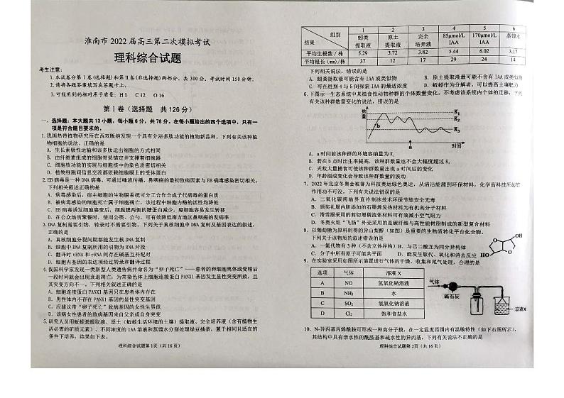 2022年安徽淮南高三二模 理综试题及答案第1页