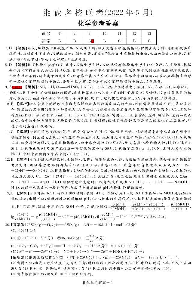 2022届湘豫名校高三5月联考理综化学答案第1页