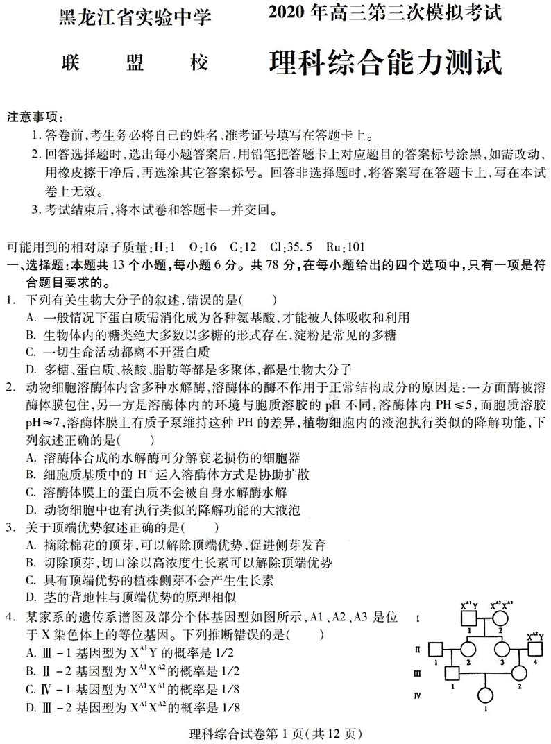 2020届黑龙江省实验中学联盟校高三第三次模拟考试理科综合试题 PDF版01