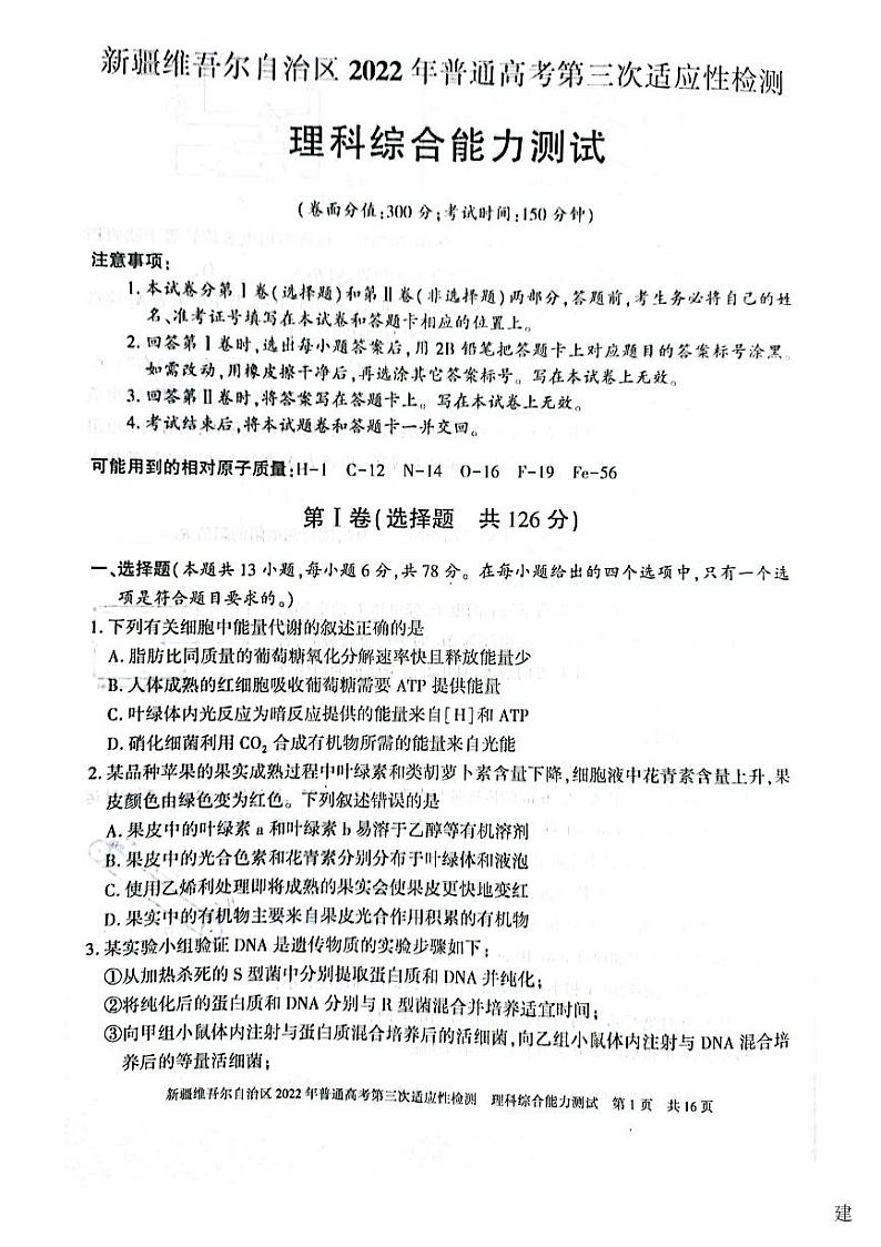 2022届新疆维吾尔自治区高三三模理综试题及答案01