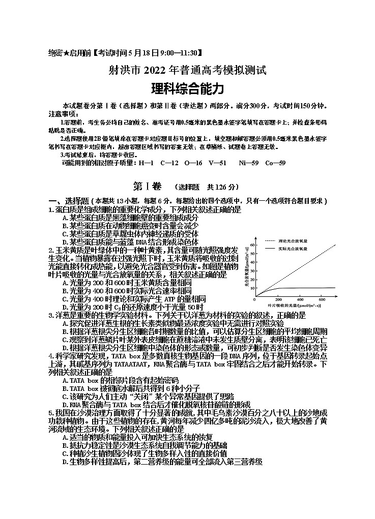 2022届四川省射洪市普通高考模拟测试理综试题（含答案）01