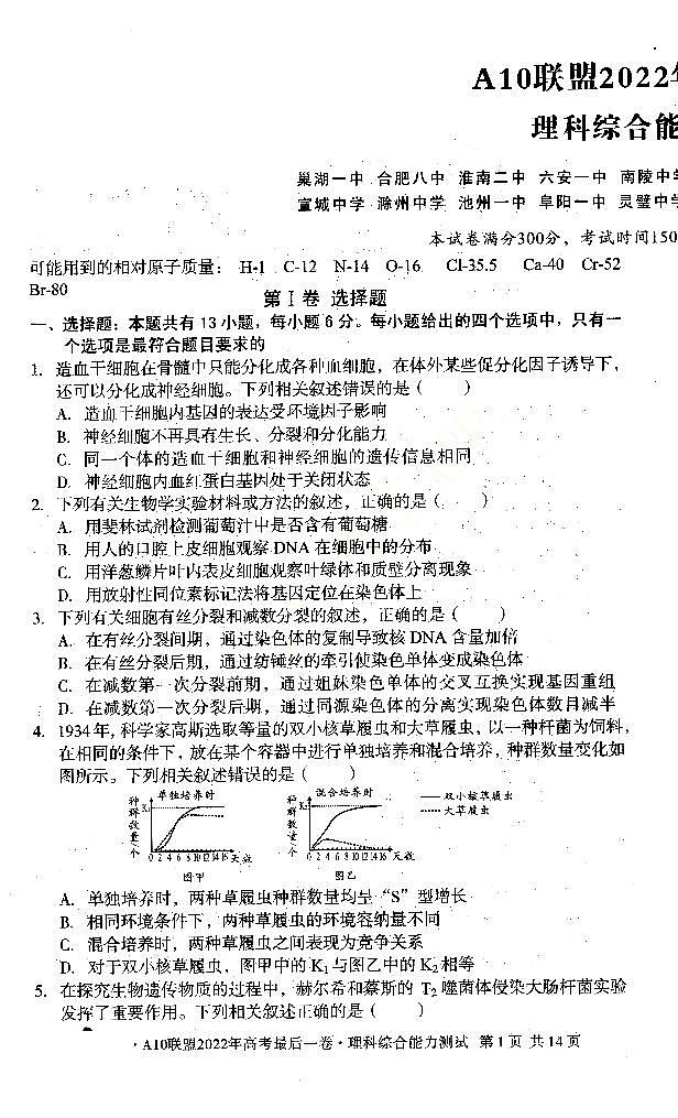 安徽省十校联盟2022届高三最后一卷理科综合试题第1页