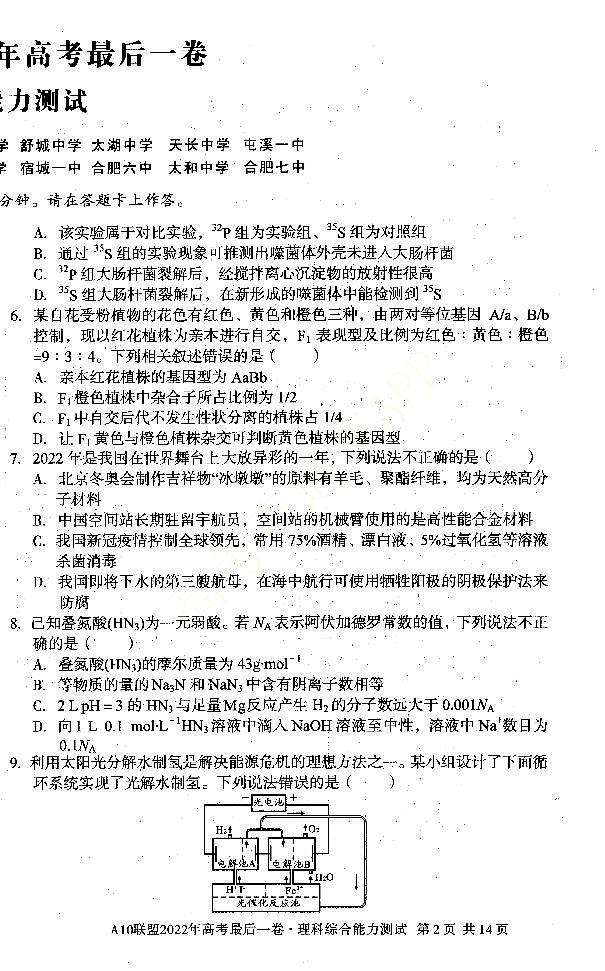 安徽省十校联盟2022届高三最后一卷理科综合试题第2页