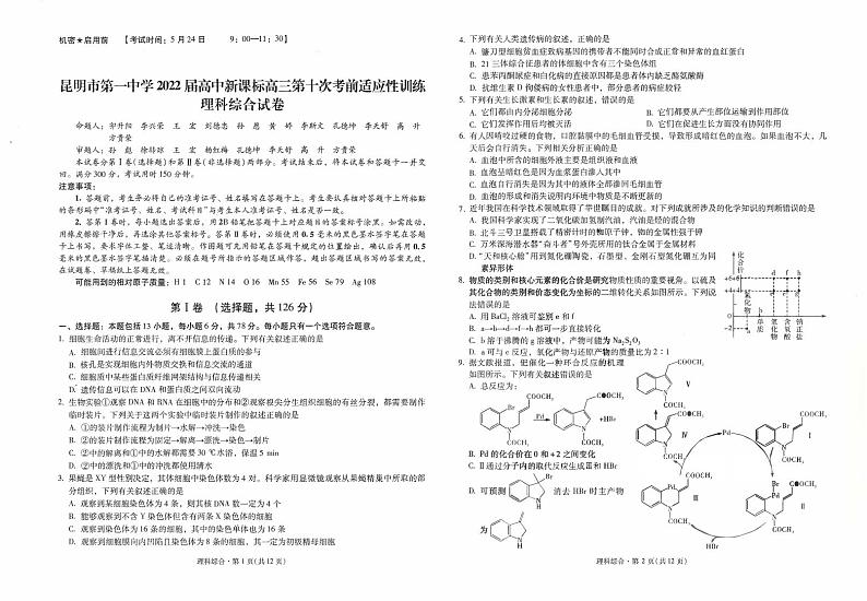 云南省昆明市第一中学2021-2022学年高三第十次考前适应性训练理综试题及答案01