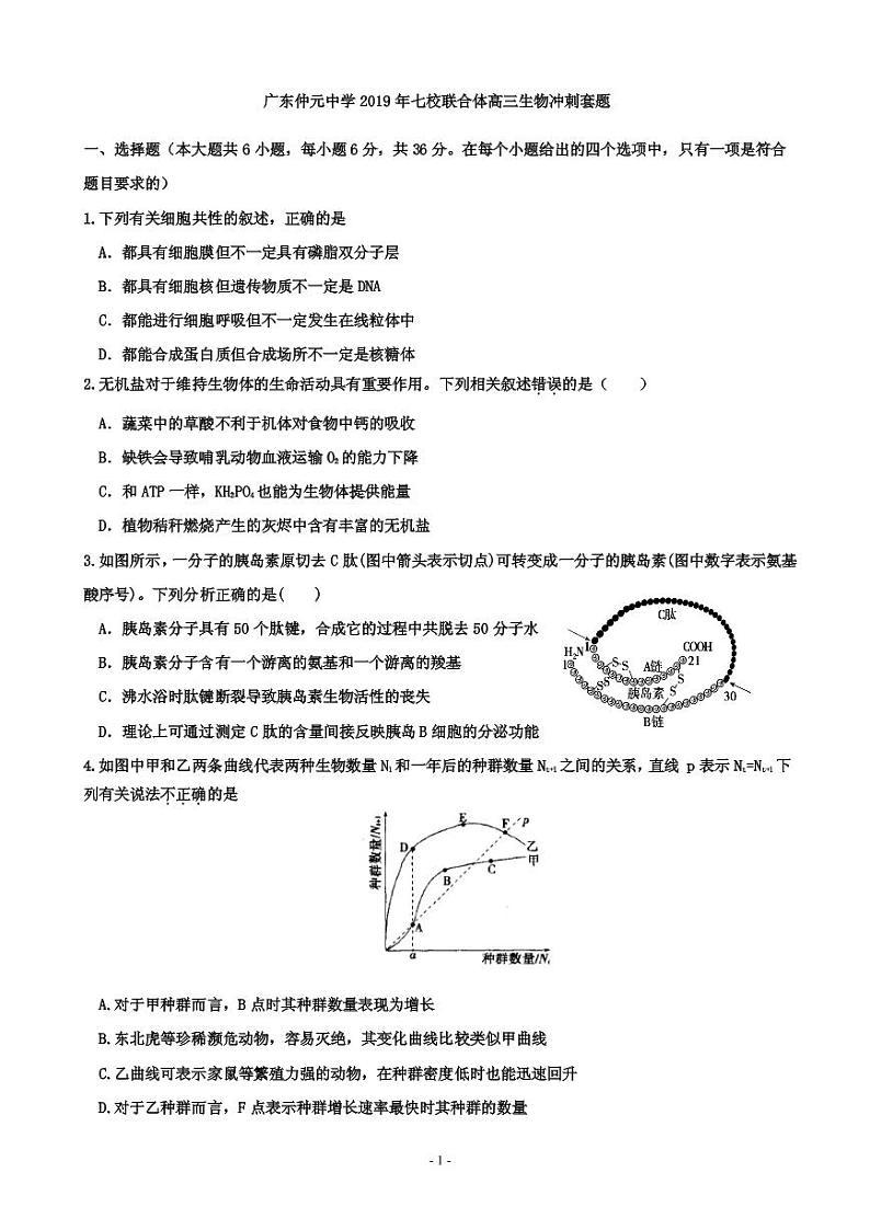 2019届广东省仲元中学等七校联合体高三冲刺模拟理科综合试题（PDF版）01
