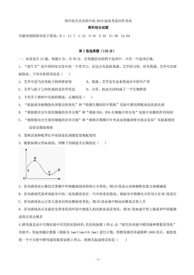 2019届四川省宜宾市第四中学高三高考适应性考试理科综合试题（PDF版）第1页