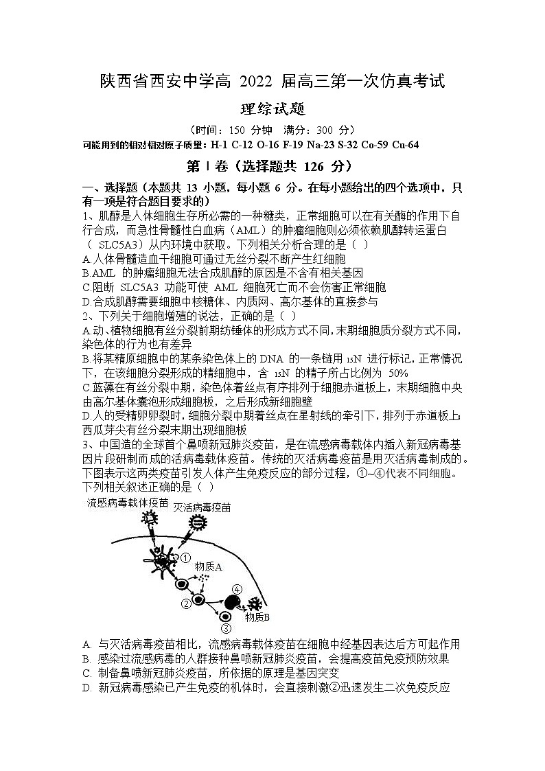2022届陕西省西安中学高三第一次仿真考试理综试题第1页