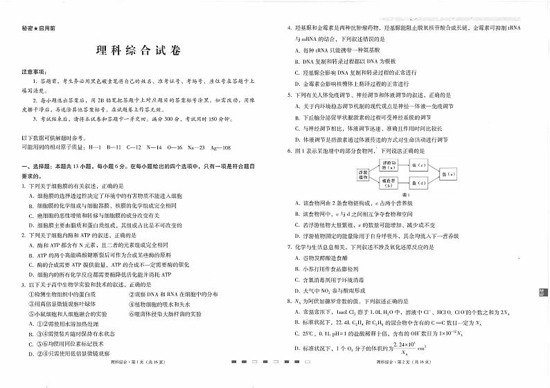 师附中10理综试卷第1页