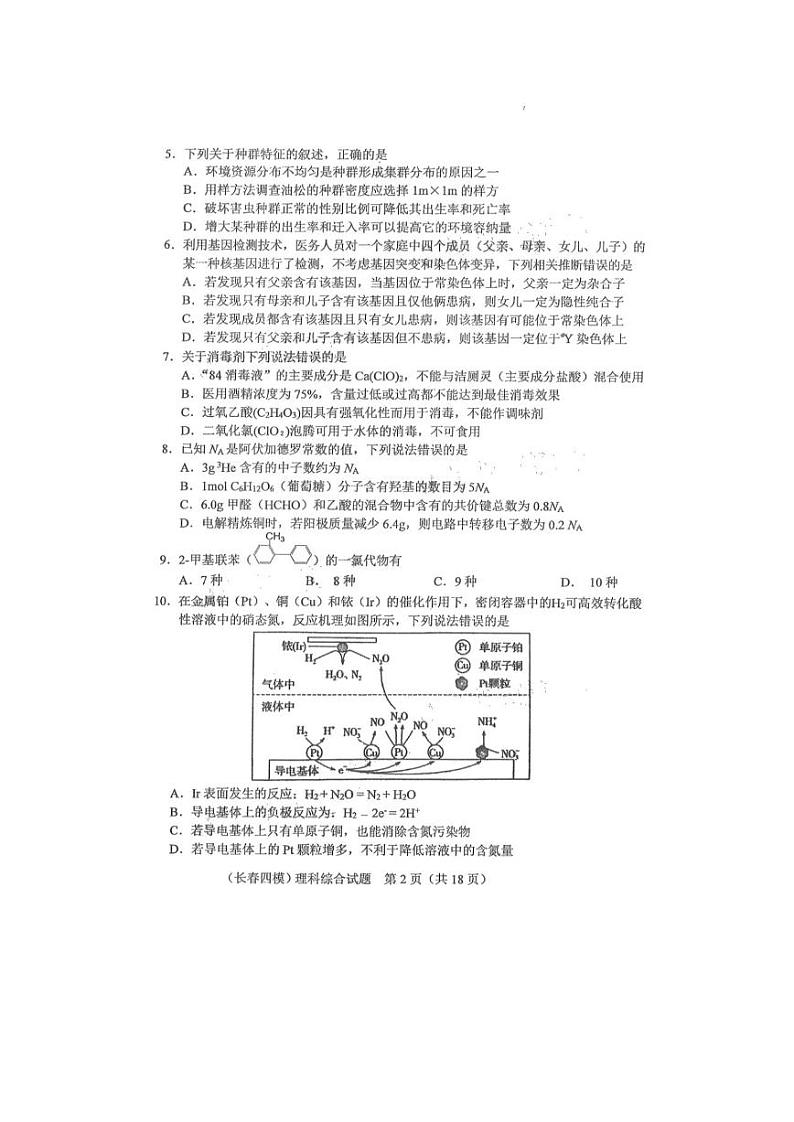 吉林省长春市2020届高三质量监测（四模）理综试题 PDF版含答案第2页