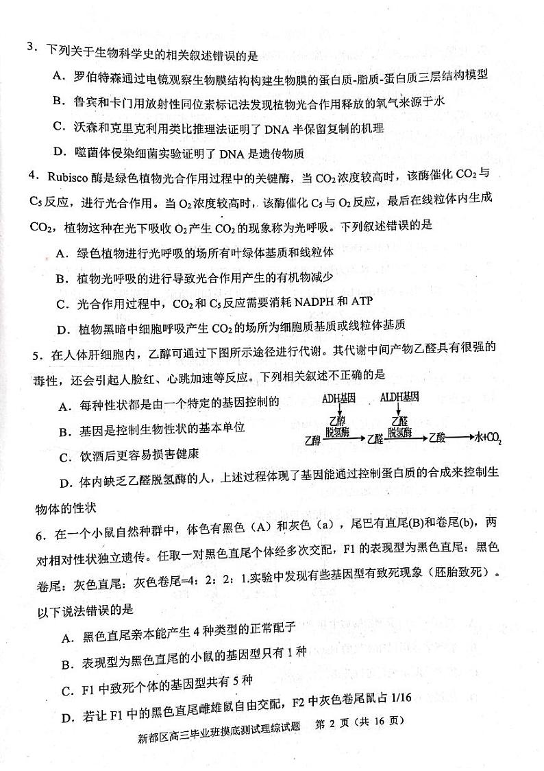 四川省成都市新都区2022届高三毕业班摸底诊断性测试理科综合试题第2页