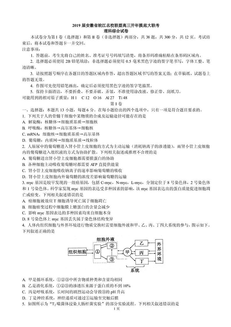 2019届安徽省皖江名校联盟高三开年摸底大联考理科综合试卷(PDF版)01