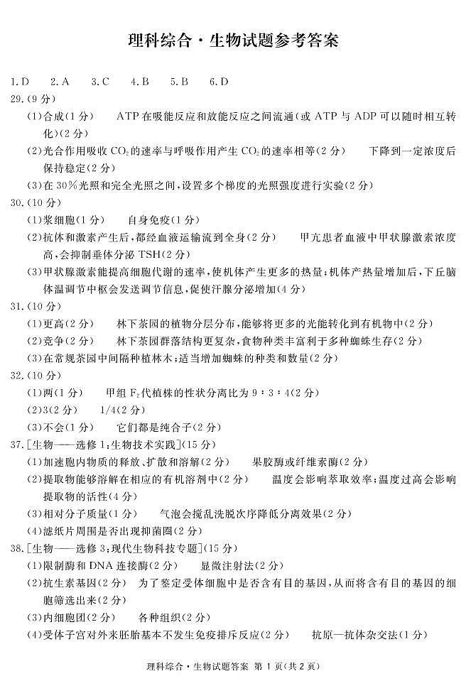 2021届高三四川省眉山市第三次诊断考试理科综合-生物答案第1页